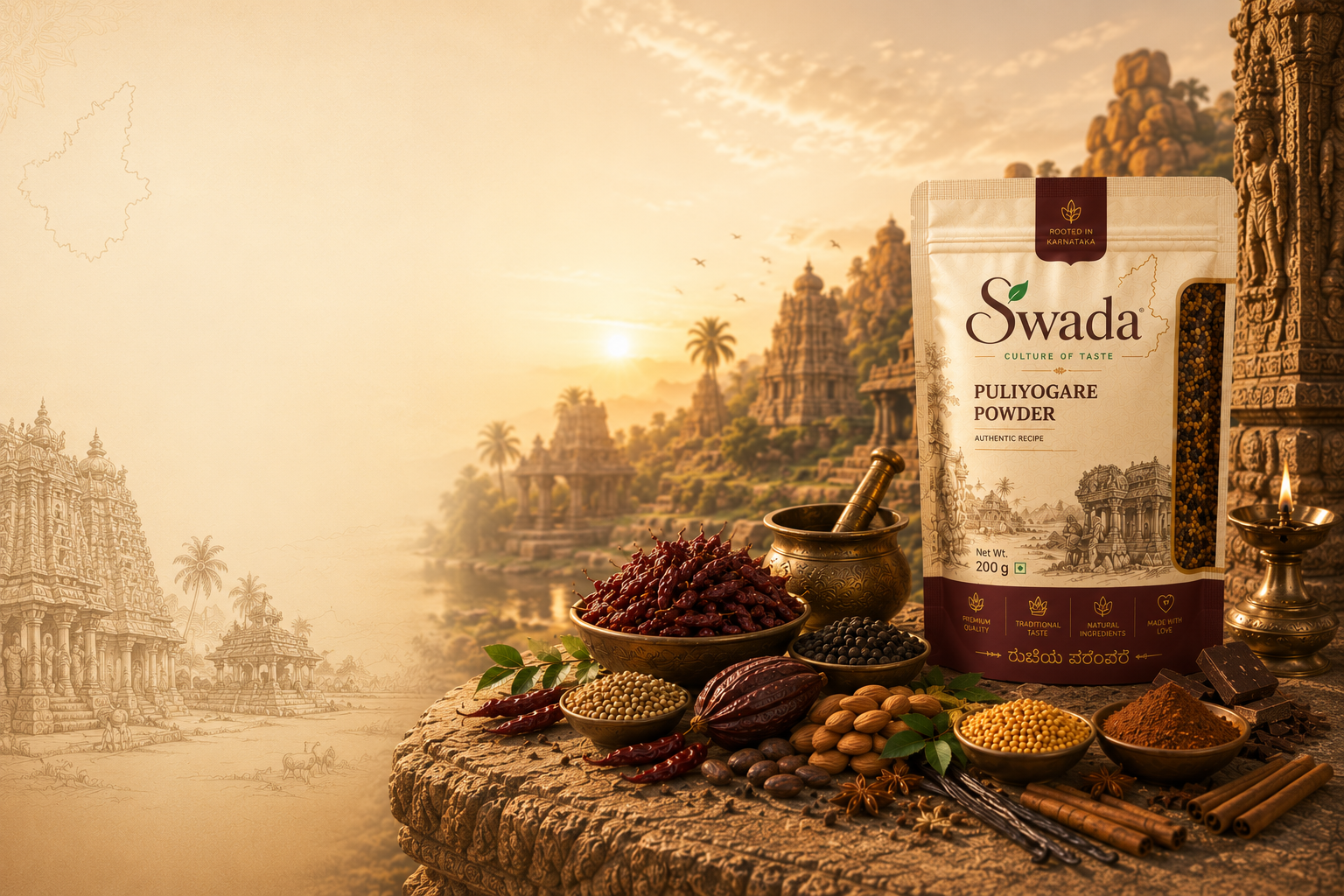 Karnataka culinary heritage — ancient temple with spices and grains